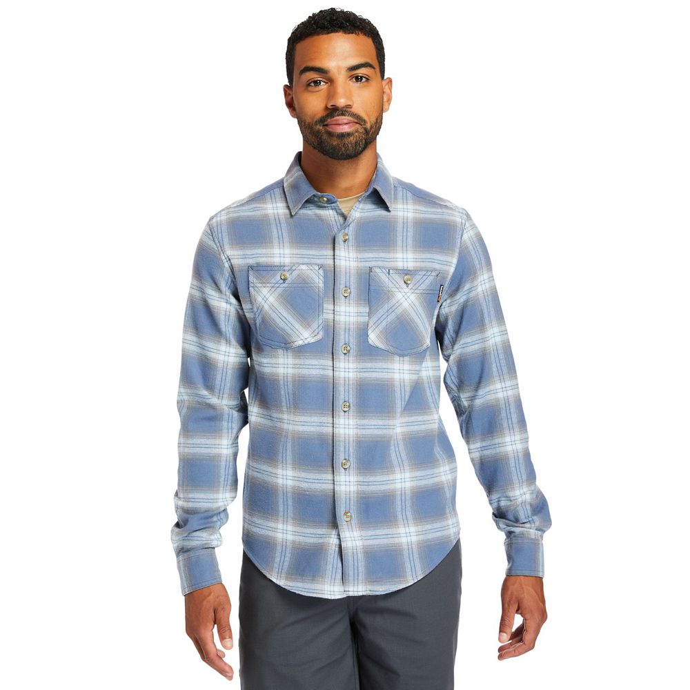 Camisa Timberland Argentina Hombre - Pro® Woodfort Flex Flannel Work - Azules/Blancas - QMAOHF-516